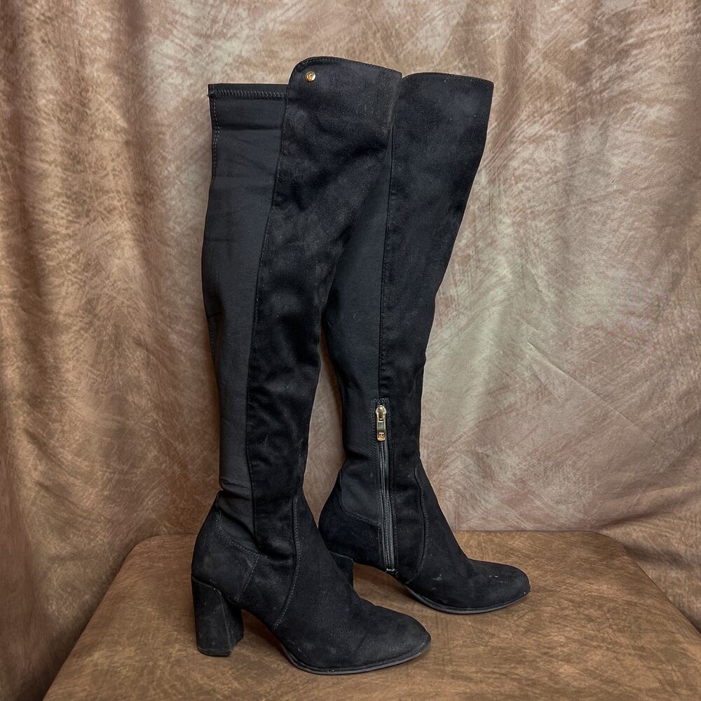 Liz Claiborne Leyla Faux Suede Knee High Boots Black Chunky Heel Paneled Indie